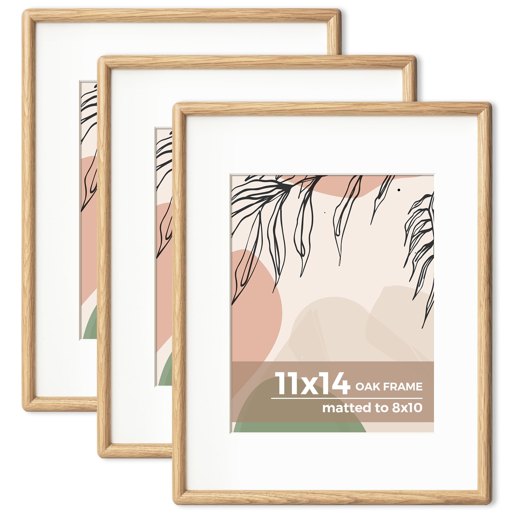 Photo 1 of Axeman 11x14 Picture Frame Set of 3 - Solid Oak Frame 11 x 14 Matted to 8x10 - Rounded Corner 14x11 Photo Frame with Tempered Glass - Oak Wood Picture Frame for Wall Mount Display