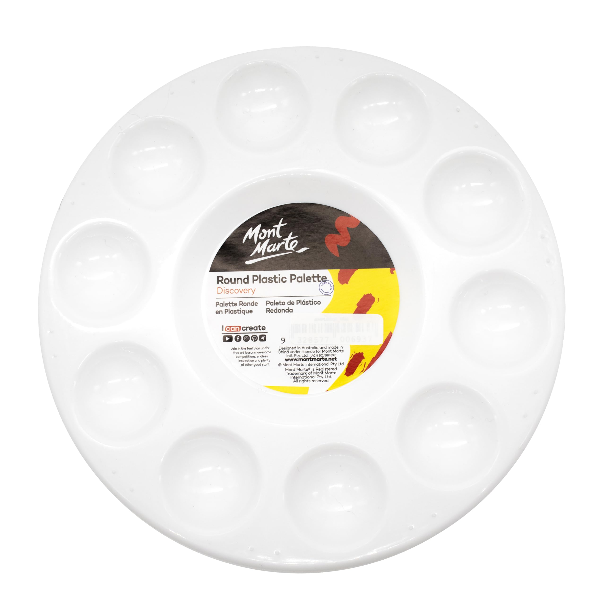 Mont Marte Paint Palette – Round – 17cm – Ideal Artist Palette for Gouache, Acrylic Paint and Watercolours – Palette with a total of 11 Mixing Wells