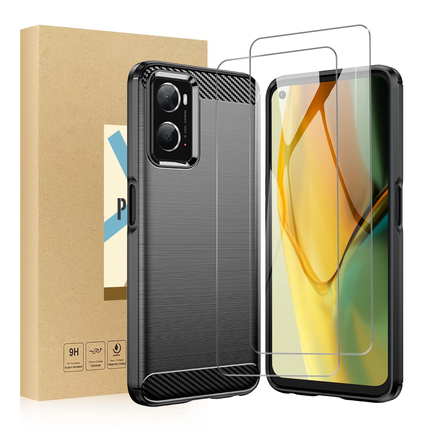 SCL Case for OnePlus Nord 2T Case and Screen Protector OnePlus Nord 2T Tempered Glass and Phone Case [Black], Carbon Fibre Effect Gel Grip Protection Cover [Anti Scratch][Anti Collision] Case