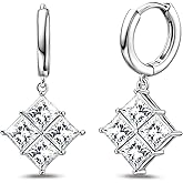 Dangle Hoop Earrings for Women - Sterling Silver Sparkly Square Cubic Zirconia Earrings Hypoallergenic Loop Earring with Dangling for Sensitive Ears Dainty Shiny Fashion Jewelry Gifts for Her Wife Mom