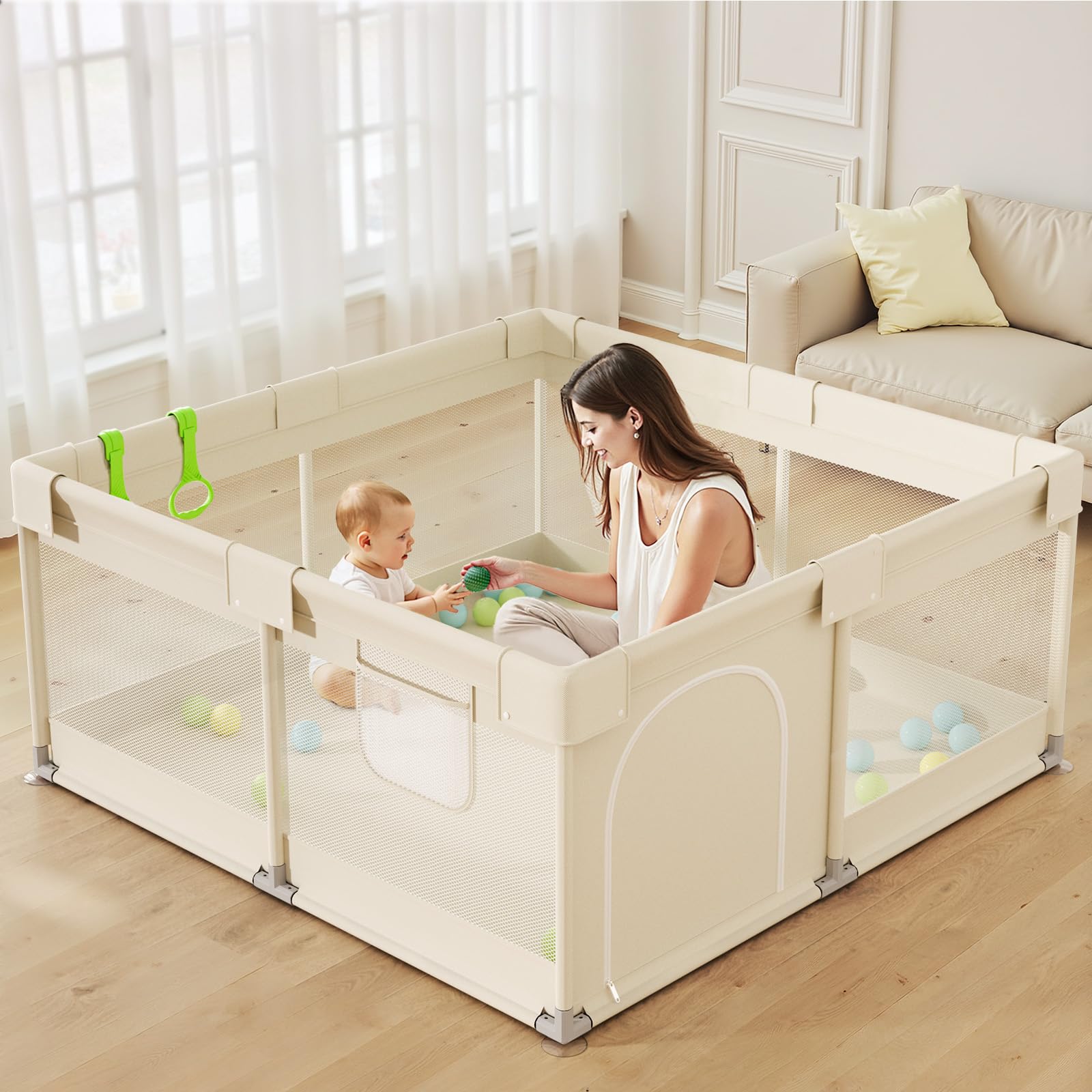 Photo 1 of Uanlauo Beige Small Baby Playpen - 47x47in Playpen for Babies and Toddlers, Safe Indoor Play Pen, Baby Pen with Storage Bag and Breathable Mesh