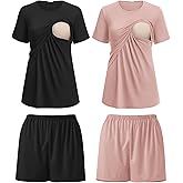 Ekouaer 2 Pack Women's Nursing Pajamas Set Double Layer Maternity Pjs Postpartum Loungewear Set Breastfeeding Tops & Shorts