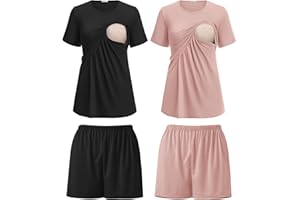 Ekouaer 2 Pack Women's Nursing Pajamas Set Double Layer Maternity Pjs Postpartum Loungewear Set Breastfeeding Tops & Shorts