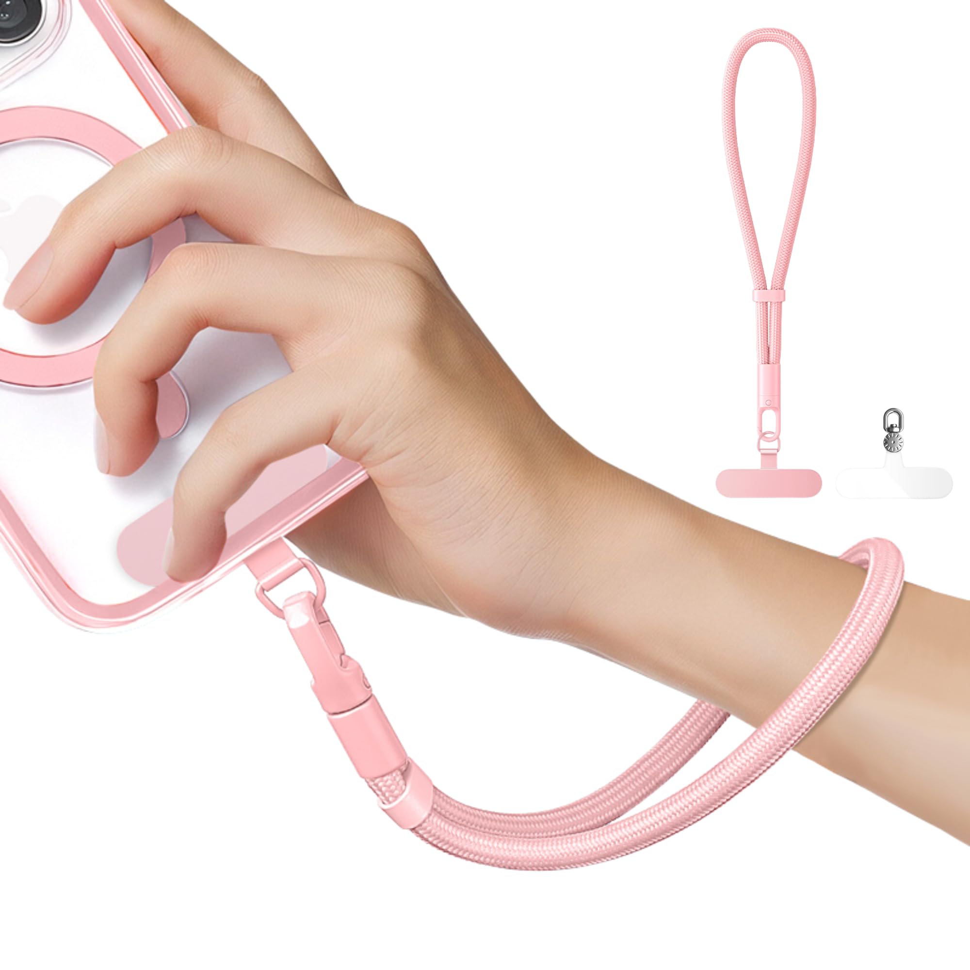 Photo 1 of KEESOO Minimalist Wrist Strap Phone Lanyard with Adjustable Drop-Proof Design, 7mm Reinforced Climbing Rope Material, 2 Phone Tether Tabs (Matching Metal and Rotatable Clear) - Sakura Pink