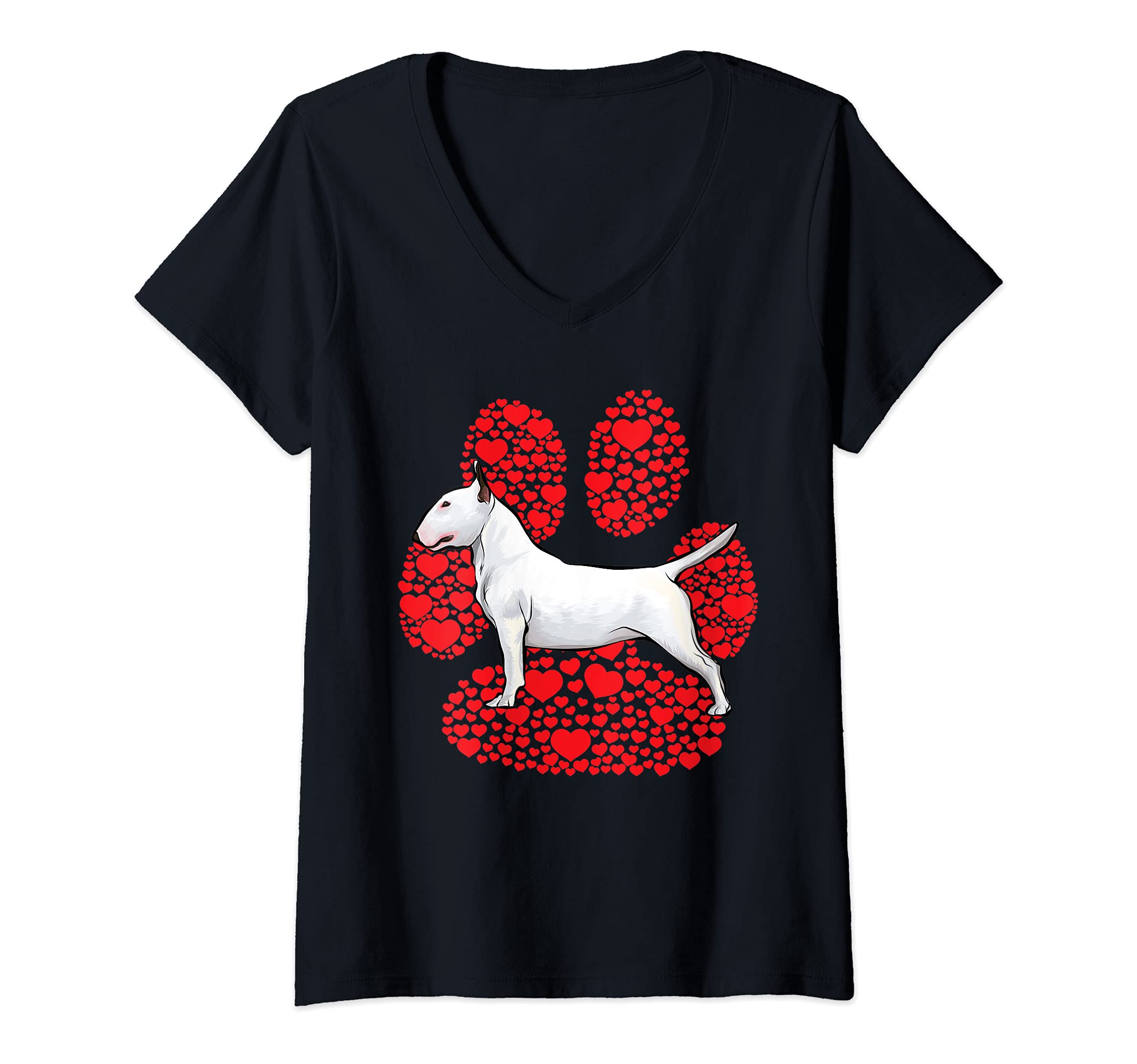 Womens Bull Terrier Valentines Day Dog Love Paw V-Neck T-Shirt