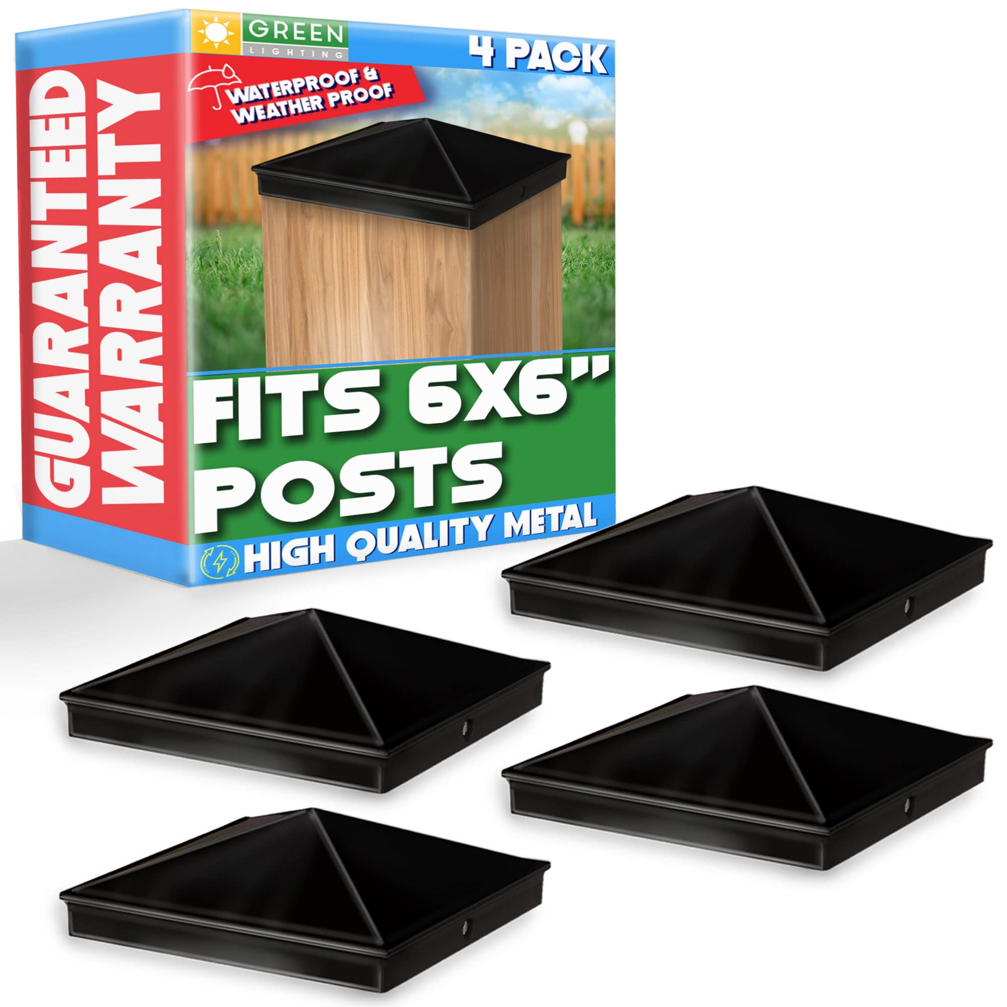 Photo 1 of GreenLighting 6x6 Aluminum Pyramid Post Cap Cover (Black 4 Pack) Fits 6x6 Nominal Wood (True 5.5 x 5.5) Powder Coated Matte Outdoor Post Caps Cover, Fence Wood Post, Decking, Waterproof