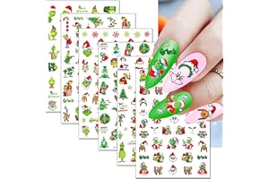 SHANRUN 6 Sheets Christmas Grinch 3D Nail Art Stickers Grinchs Cute Cartoon Nail Stickers Adhesive Sliders Fake Nails Decals for Xmas Nail Art DIY Acrylic Artificial Press on Nails Decoration Accessories