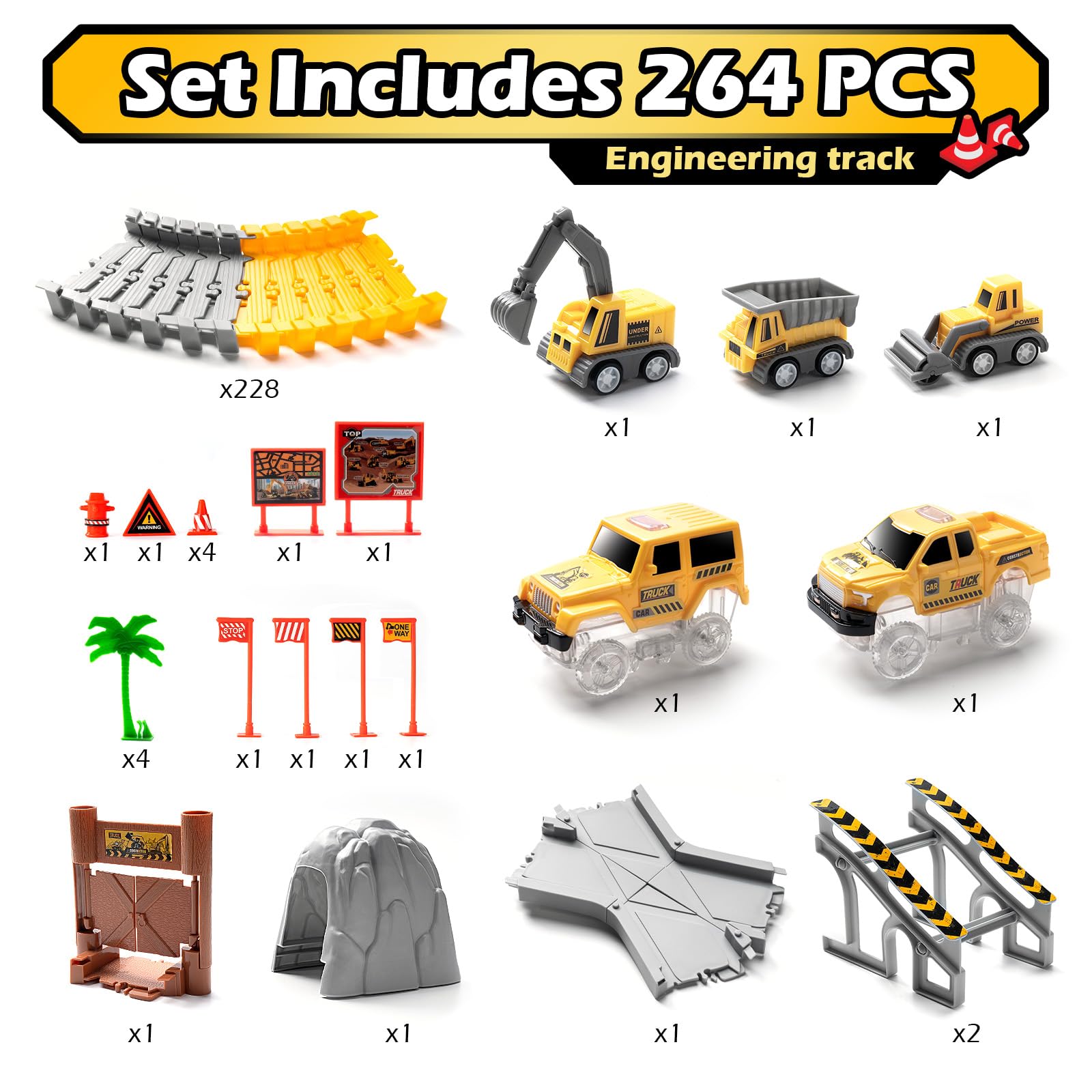 264 PCS Construction Race Tracks for Kids Toys, Glow in The Dark Magic Toy Set, 2 Light Up Cars Track, 3 Construction Cars, Flexible DIY Track Set, Birthday Gift for Age 3-9 Boys Toddler Girls