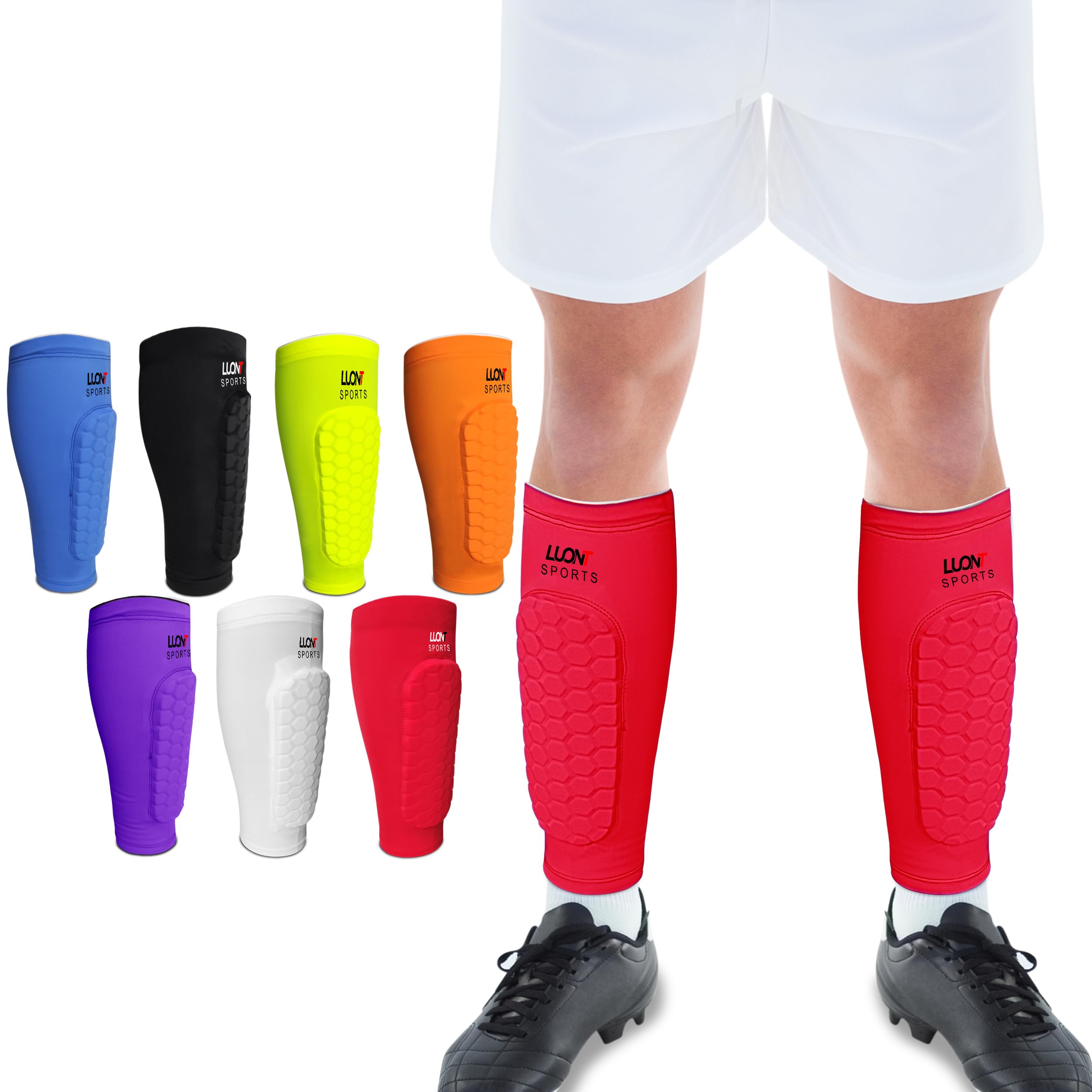 LUONT - Soccer Shin Guards for Men, Women & kids | Protective Football Soccer Pads with Superior Impact Absorption, Breathable, & Lightweight | Football Shin Guards Sleeves (M, Red)