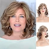RicHyun Short Curly Wavy Brown Wigs for Women Shoulder Length Synthetic Side Part Cosplay Party Hair Wig,Brown&Blonde
