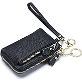 Women Genuine Real Leather Coin Purse with Hand Strap. 3 Zipper Small Wallet Wristlet with 3 credit cards slots Holder - Black