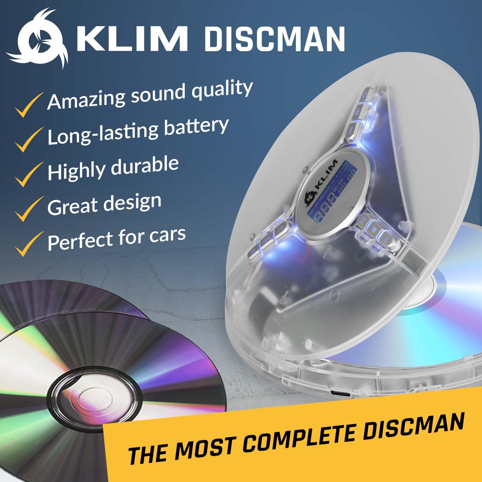 KLIM Discman Portable CD Player with Headphones, Built-in Battery - New - CD Players for Home, Car - Compatible w/SD Card CD CD-R CD-RW MP3 WMA - 5 EQ Effects - Walkman CD Player - Clear White