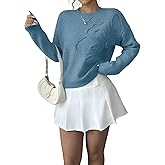 Verdusa Women's Fall 3D Flower Appliques Crewneck Sweaters Long Sleeve Drop Shoulder Pullovers Elegant Knit Tops Solid Blue Large