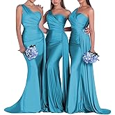PLKF One Shoulder Bridesmaid Dresses for Wedding Long Satin Bodycon Prom Dress Mermaid Formal Evening Gowns