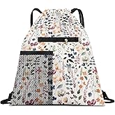 AYBELWG Drawstring Backpack Sports Gym Bag, Large String Swim Bag for Beach With Water Bottle Mesh Pocket, Cute Gym Sack with Zipper Pocket for Men Women Boho Flowers