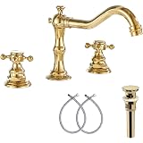 GGStudy Waschbecken-Armatur In Gold – 2 Griffe, 3 Löcher, Verstellbar 20,3–40,6 Cm, Aus Messing