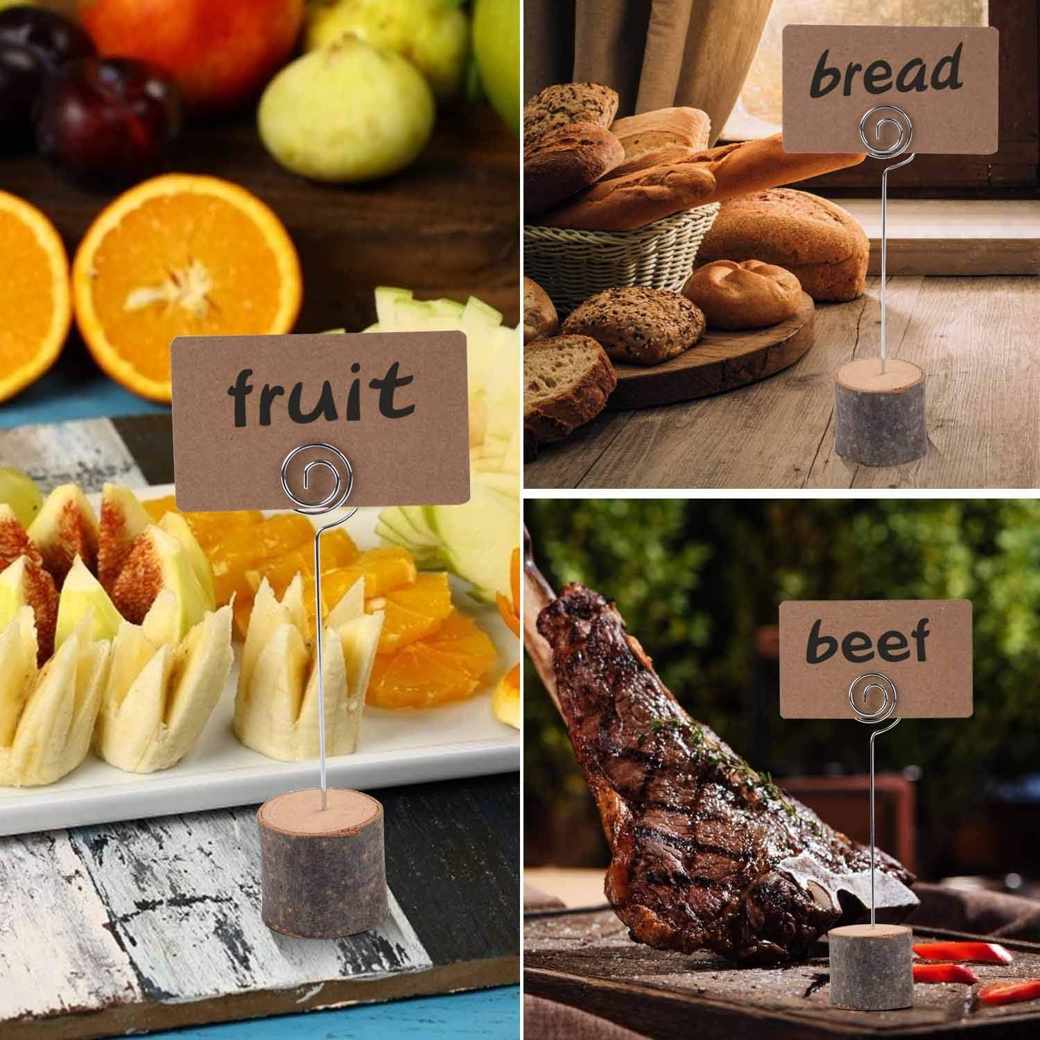Toncoo 10Pcs Premium Wood Place Card Holders with Swirl Wire and 20 Pcs Kraft Place Cards, Rustic Wood Table Number Holders Stands, Name Cards Photo Holders for Wedding Party Sign Food Cards Label: Home & Kitchen
