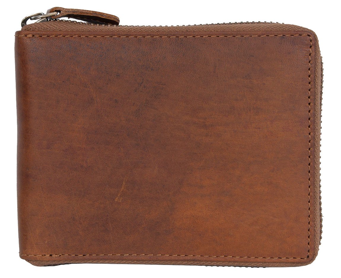 FLW Men's strong genuine leather wallet without any logos with metal zipper around