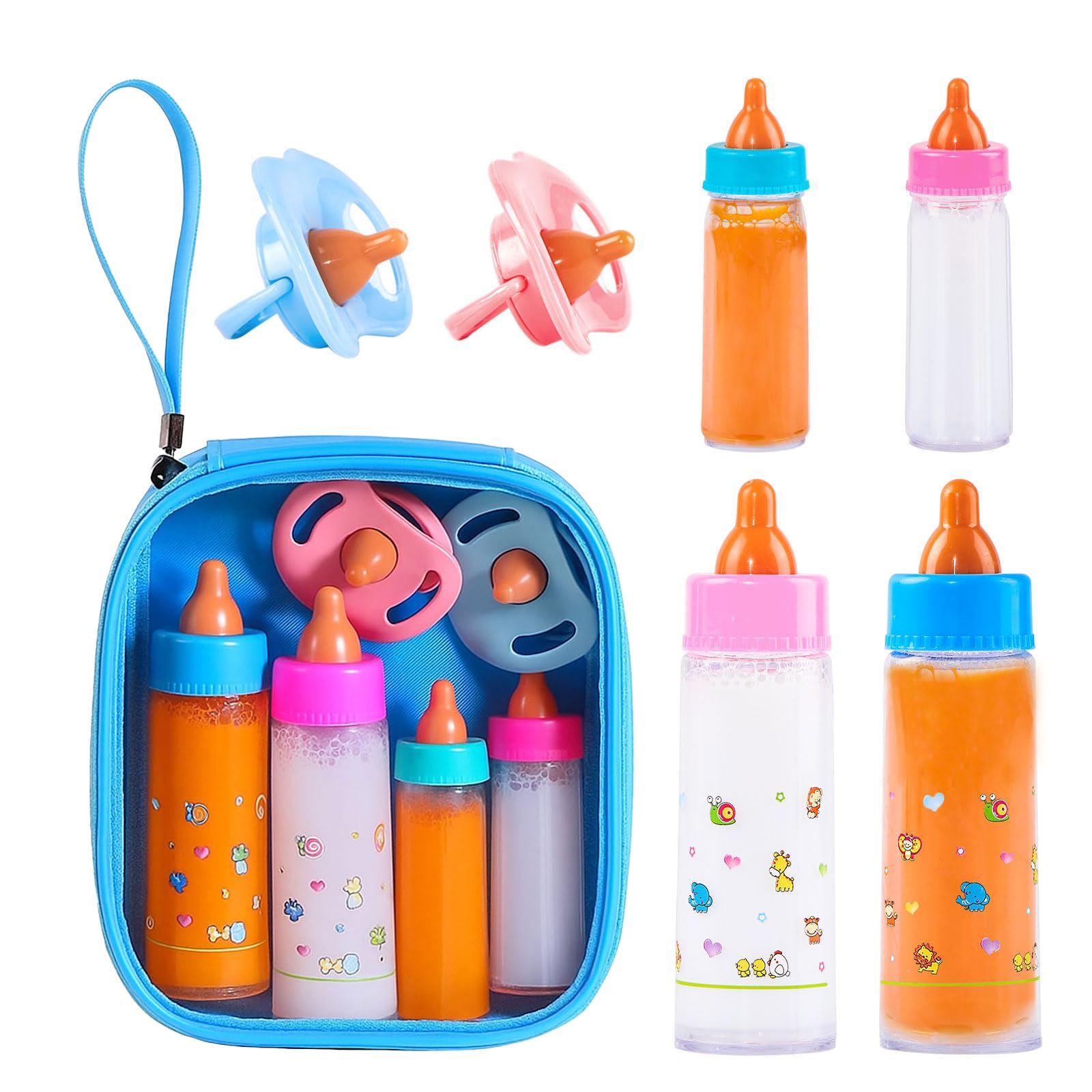 Photo 1 of SCOM Baby Doll Bottle Accessories - 6 Pcs Feeding Bottle Toys, Magic Disappearing Milk & Juice, Pretend Play Set with Pacifiers Kids Gift Blue