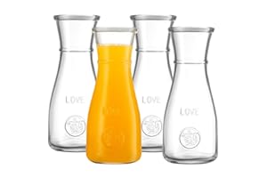 500 ml Glass Carafe - 4 Pack - The LOVE Drink Pitcher and Elegant Wine Decanter, Narrow Neck For Easy Grip, Wide Mouth for Cl