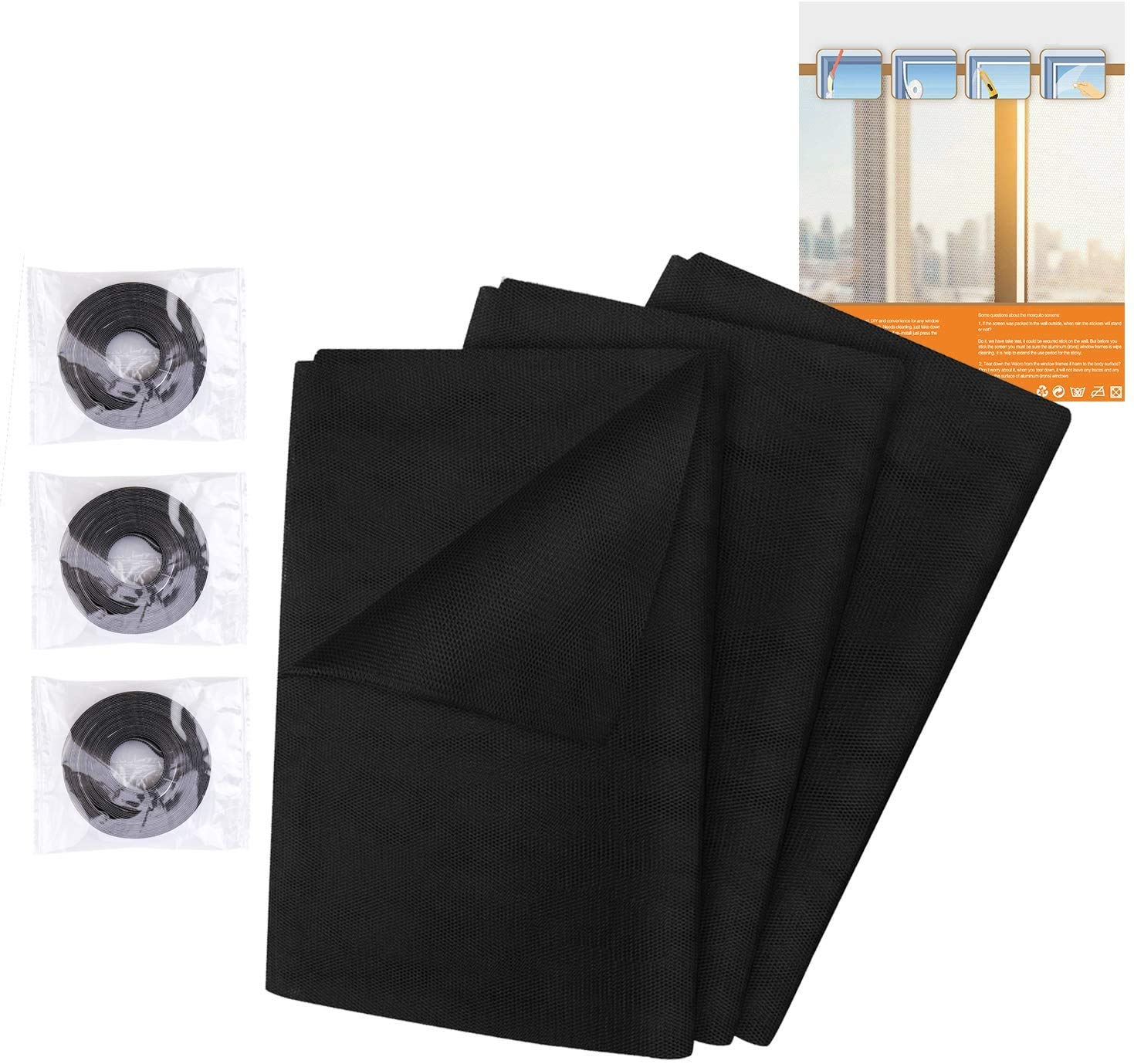 PHOGARY 3 Pack Mosquito Net for Windows, Fly Window Screen Mesh Insect Netting Bug Bee Mosquito Protector with Tapes, Black (130 x 150 cm with 3 Tapes)