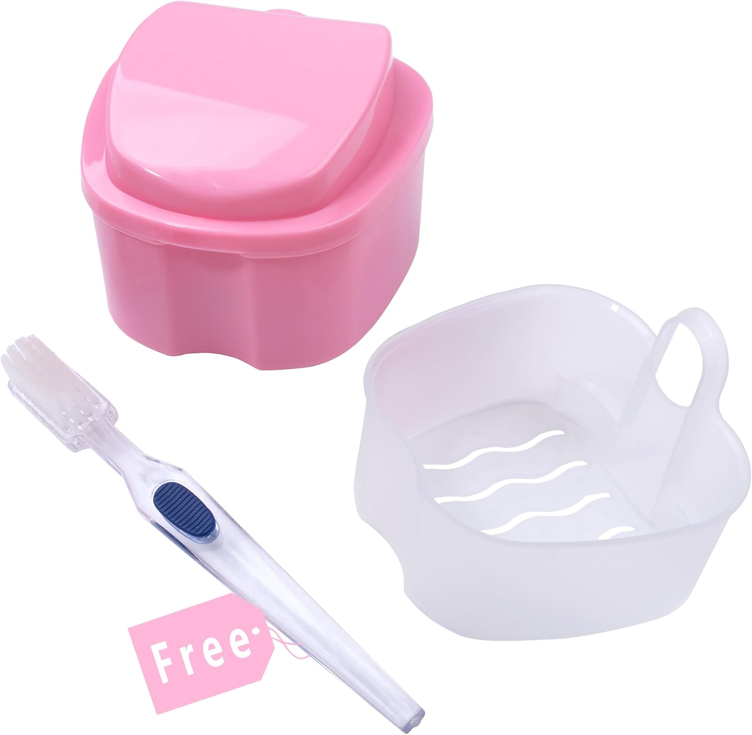 Bearals Denture Box, Denture Cup, Denture Case with Brush, Denture Bath Cleaning Soaking Cup with Strainer, Mouth Guard Night Gum Retainer Container (Pink): Health & Personal Care