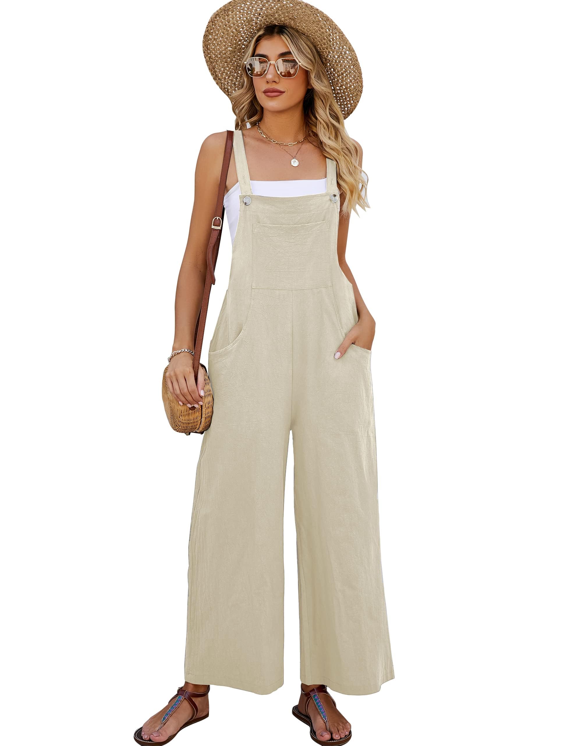 Photo 1 of COZYPOIN Women's Cotton Bib Overalls Wide Leg Loose Fit Jumpsuit Baggy Fashion Sleeveless Rompers(Beige-S)