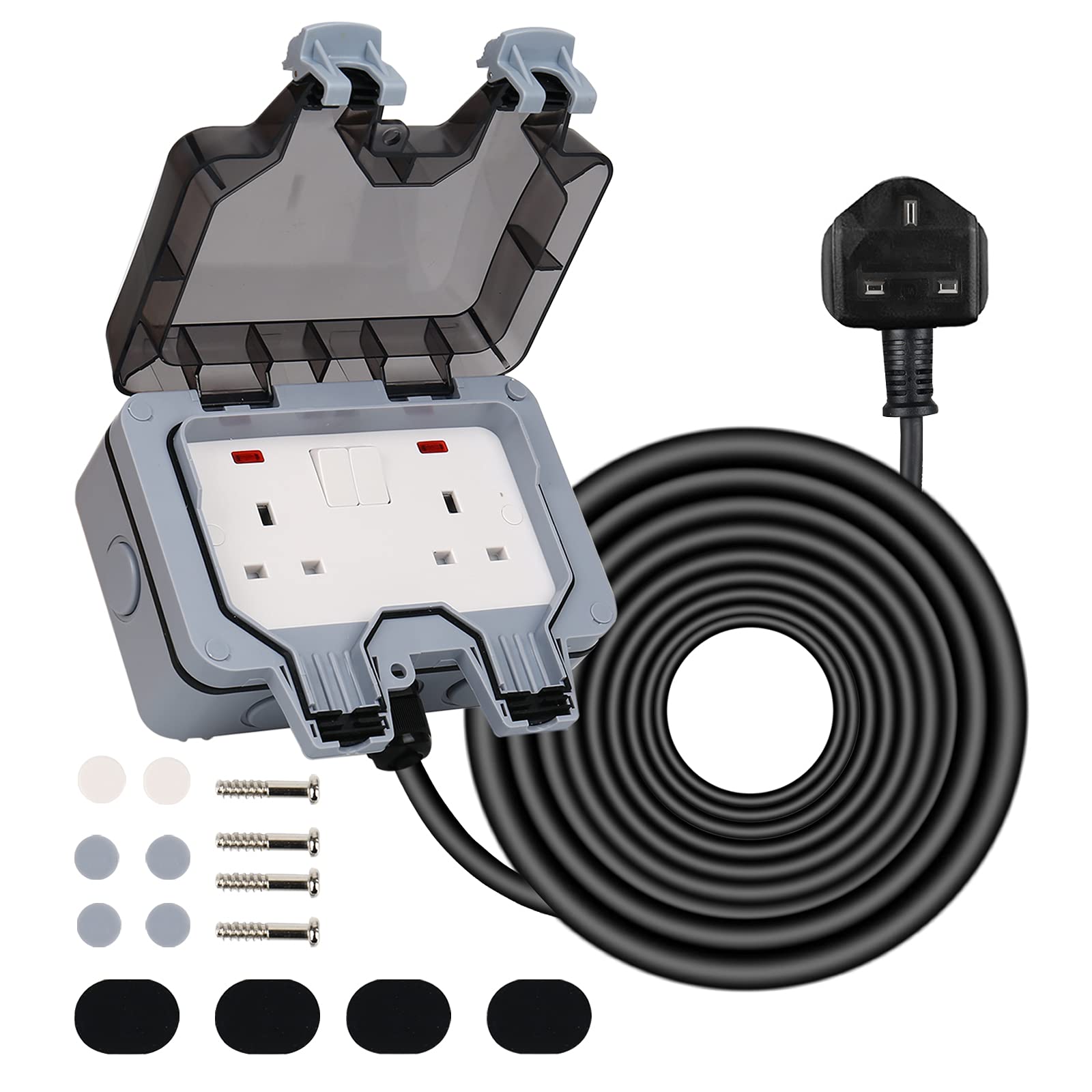 Weatherproof Outdoor Socket IP66 with 15M Extension Lead, Wall Electrical Outlets Box Switched Exterior Socket 13A with Indicator Light for Bathroom Garden Garage Yard (15M)