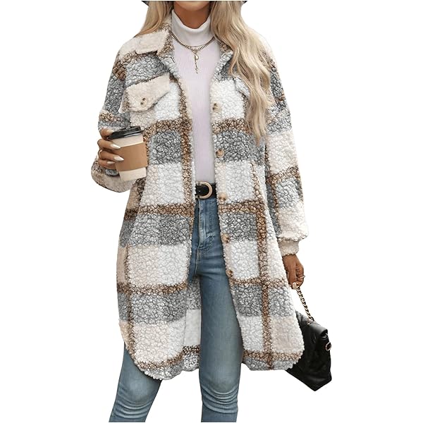 Fuzzy Fleece Plaid Jacket Womens Button Down Lapel Sherpa Shacket