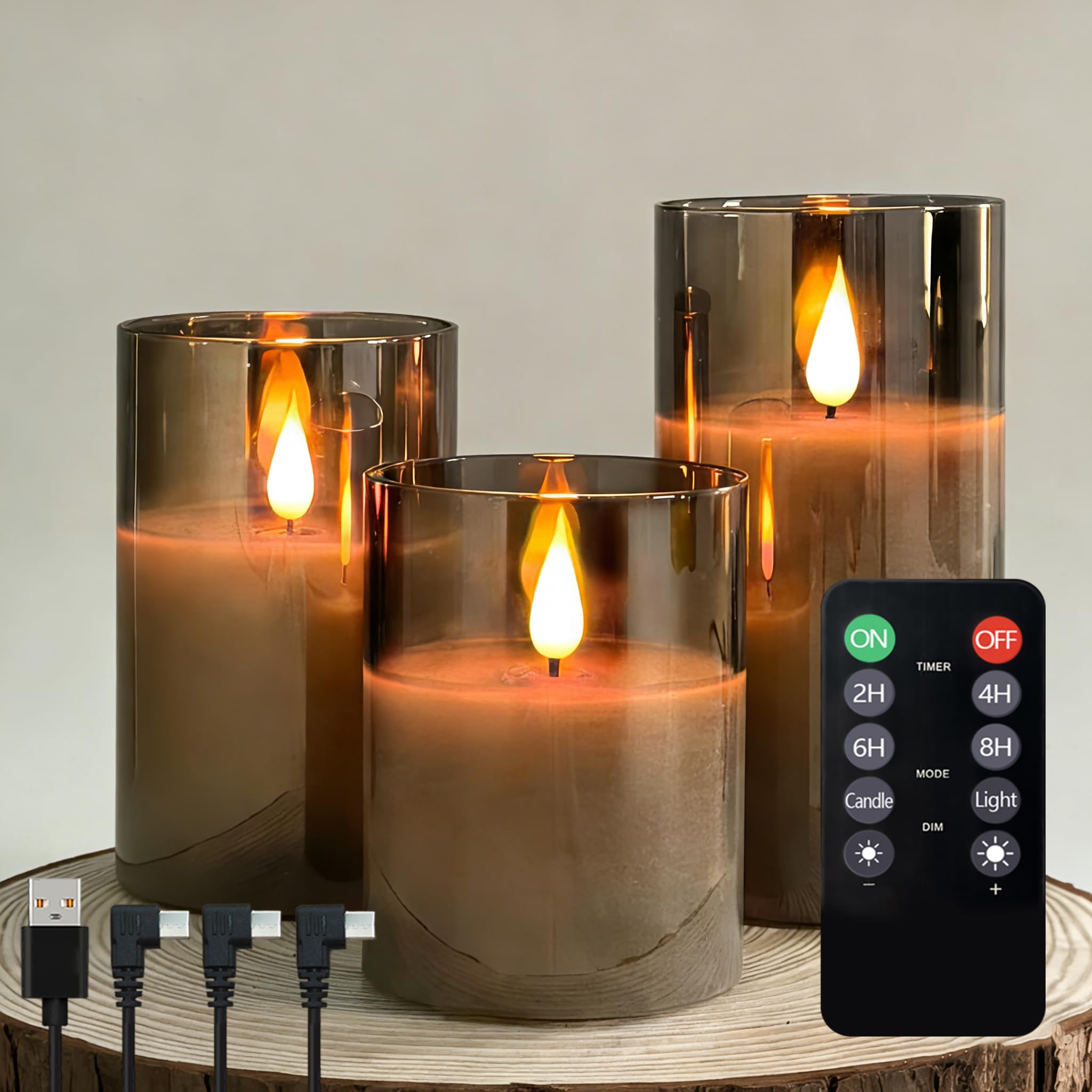 NICE POINT LED Flameless Candle,Rechargeable Flashing Pillar Real Wax Candle with Remote Control and Timer, Upgraded Teardrop Wick, Grey Clear Glass Electronic Candles for Room Decor, Pack of 3