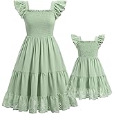 AWIBMK Mommy and Me Dress Boho Summer Casual Holiday Mother Daughter Matching Ruffle Sleeve A-line Tiered Smocked Dress