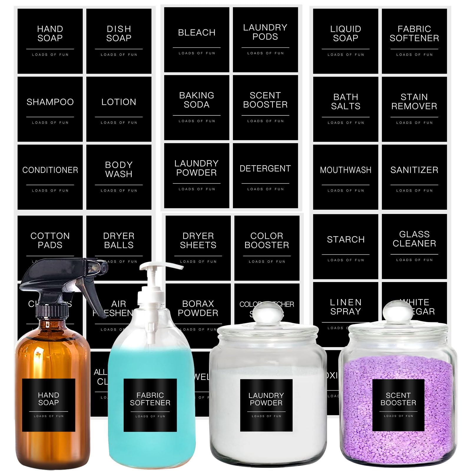 KSIWRE 36PCS Laundry Labels for Jars,Minimalist Laundry Stickers for Containers,Waterproof Preprinted Organization Labels for Bathroom and Laundry Room(Black)