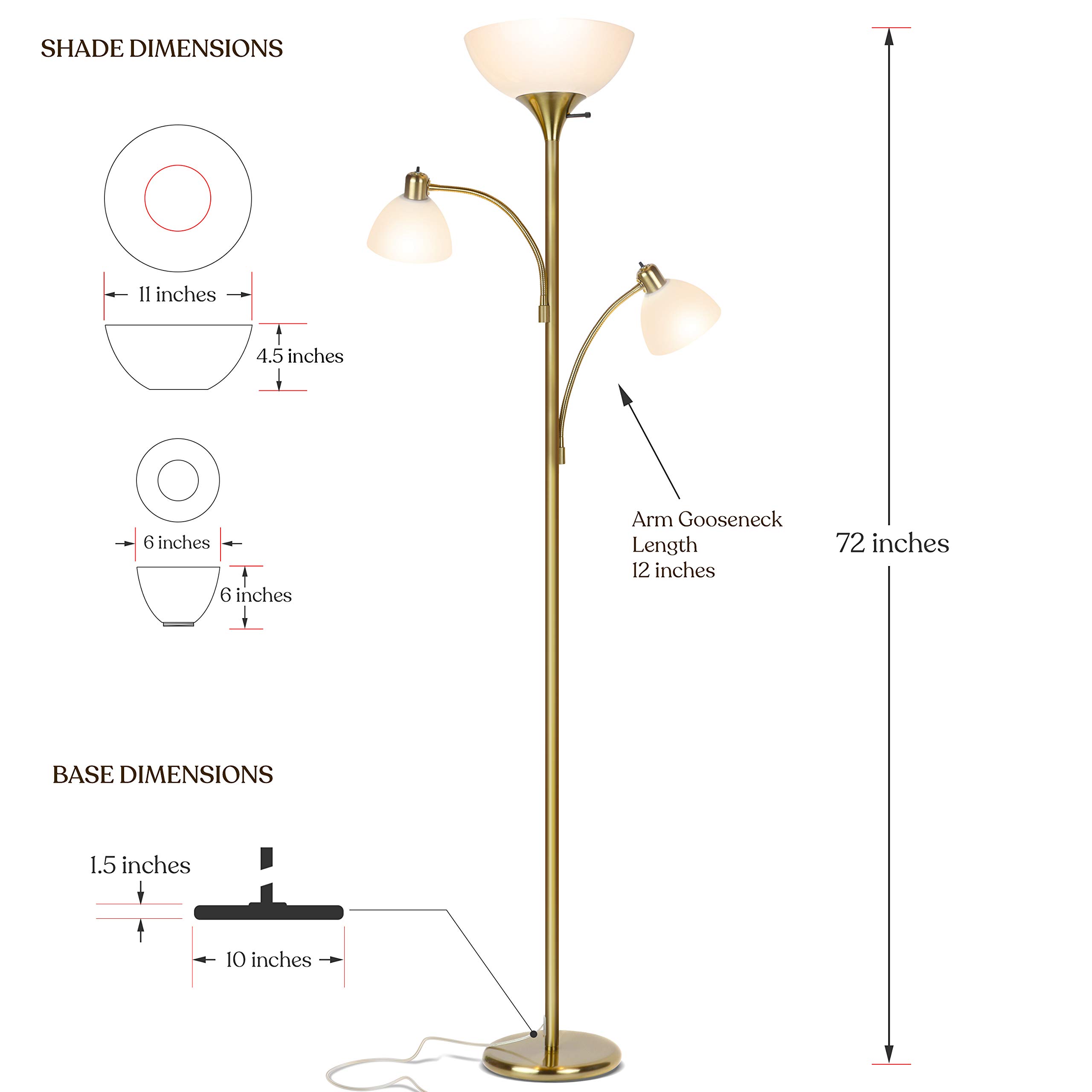 Brightech Sky Dome Double LED Floor lamp, Torchiere Super Bright Floor Lamp with 2 Reading Lamps for Living Rooms & Offices - Dimmable Tall Standing Lamp for Bedroom Reading - Tall Brass Pole