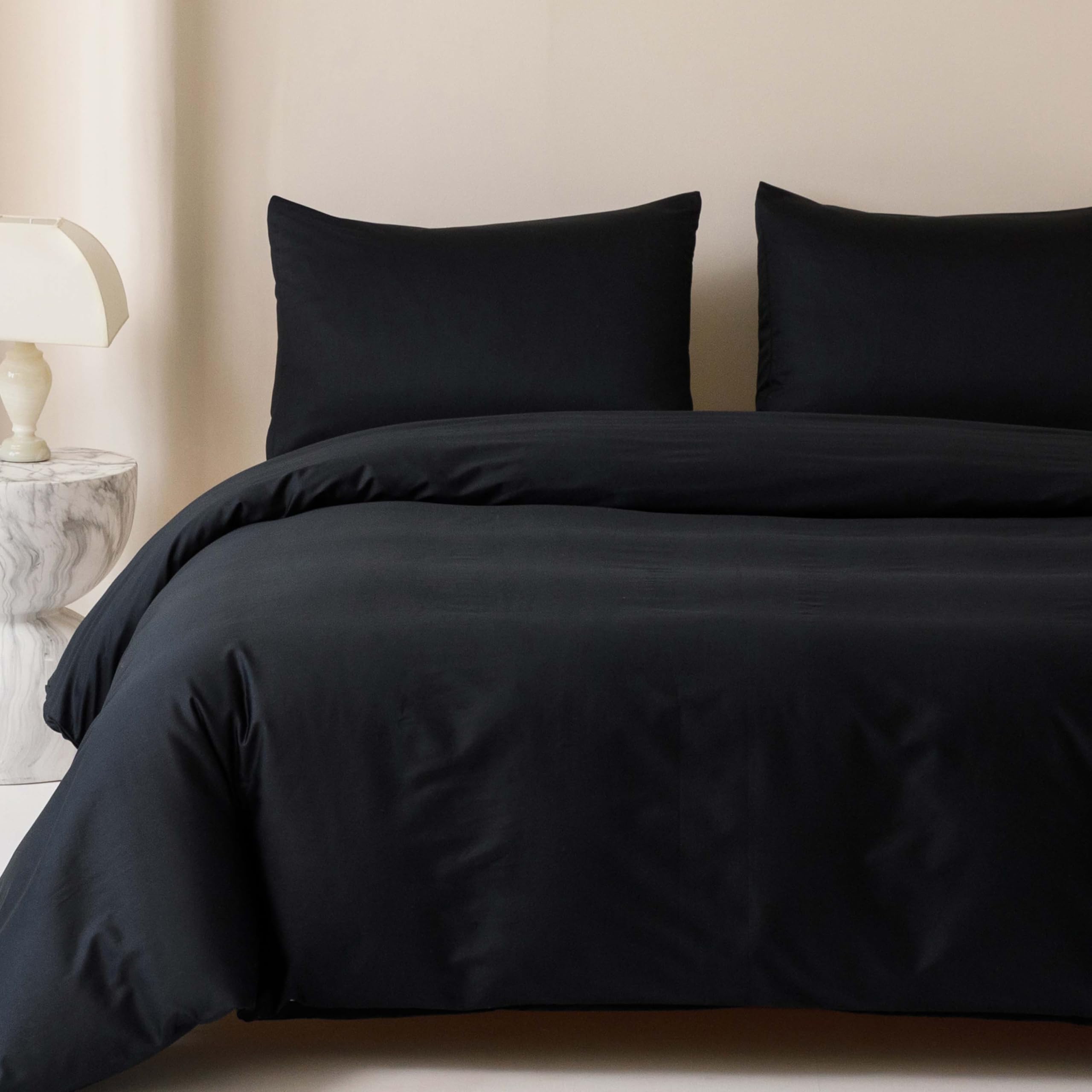 Photo 1 of HeimenAogo Egyptian Cotton Duvet Cover Queen Size Sateen Weave, Silky Soft and Breathable Bedding Set with Zipper Closure, Long Staple Cotton Bed Linen Pure Black 3Pcs (90"×90")