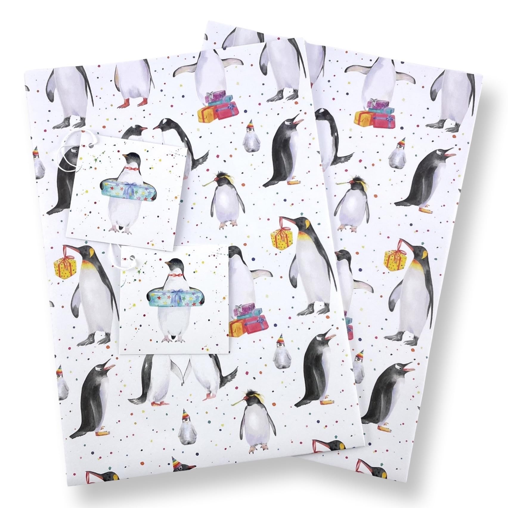 Penguins Party Recycled and Recyclable Gift wrapping paper - 2 sheets and 2 penguin gift tags - Birthdays - Christmas - Arts and Crafts Projects