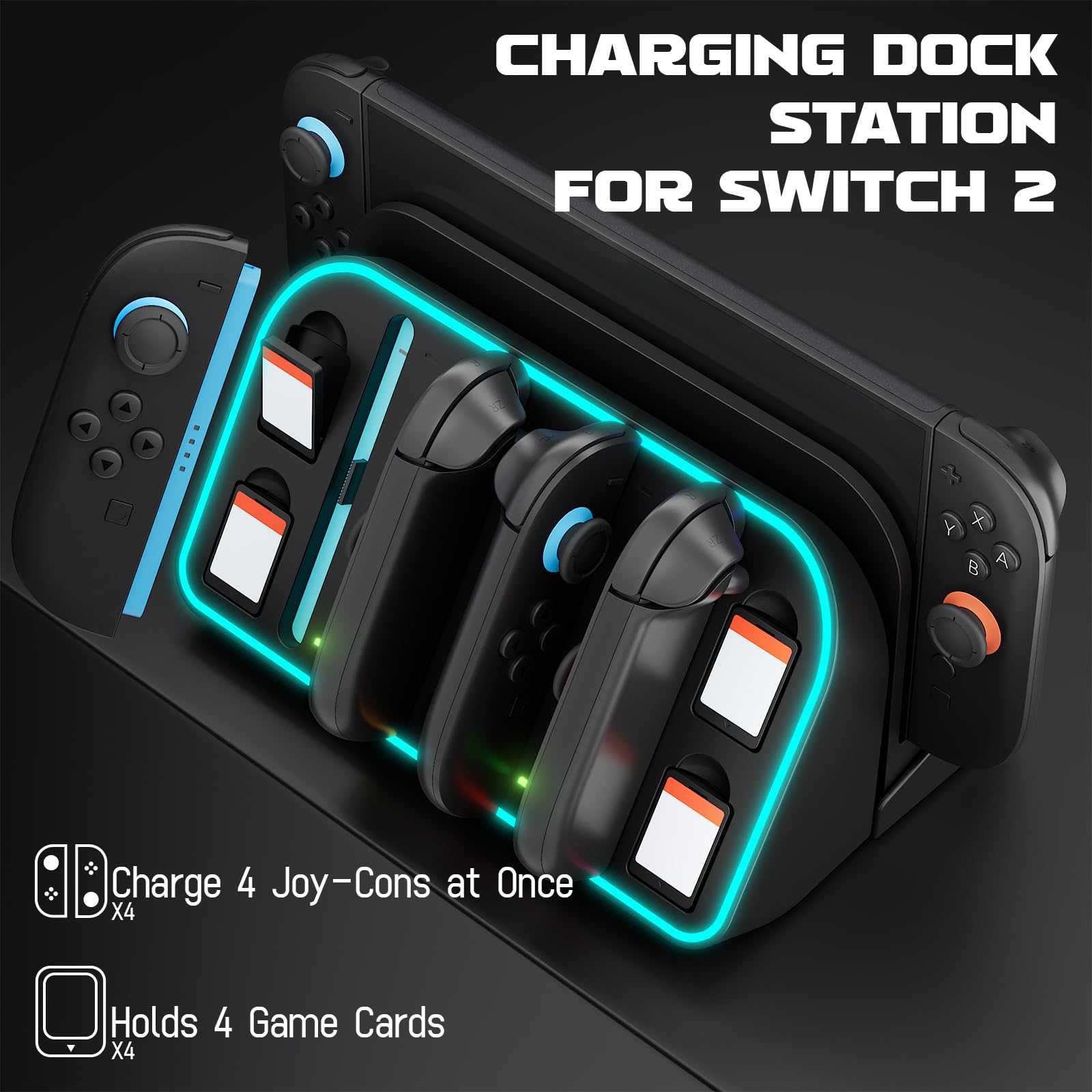 Hosanwell Switch 2 Wall Mount, RGB Light Wall Mount for Switch 2, 4 Joy-Cons Charging, 4 Game Slots,Black [nintendo_switch_2]