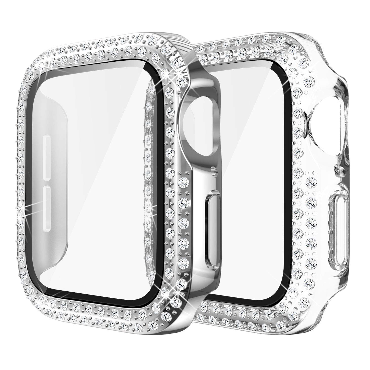 Yolovie (2-Pack) Compatible for Apple Watch Series 7 45mm Case with Screen Protector, Bling Cover Diamonds Rhinestone Bumper Protective Frame for iWatch Girl Women (Clear/Silver)
