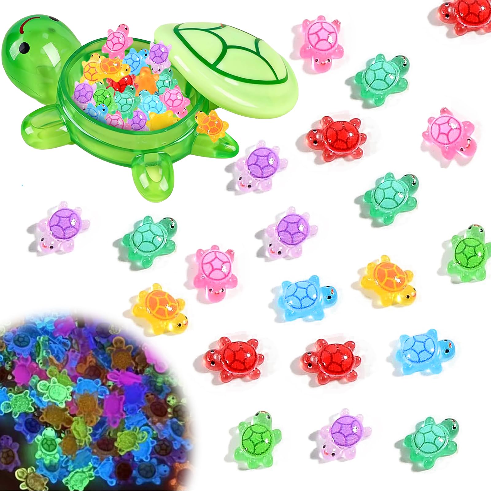 shirylzee Cute Glow-in-the-Dark Turtle Storage Box with 30pcs Mini Resin Turtle, Cartoon Turtle Box for Storing Toys Home Decor, Luminous Miniature Turtle Figurines for Decorations (Green) โ image 1