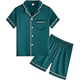 DF-deals Pajama Set for Kid Boy Girl Button-up Silk Pajama Sleepwear Nightwear Loungewear Set Gifts Short Sleeve Loungewear