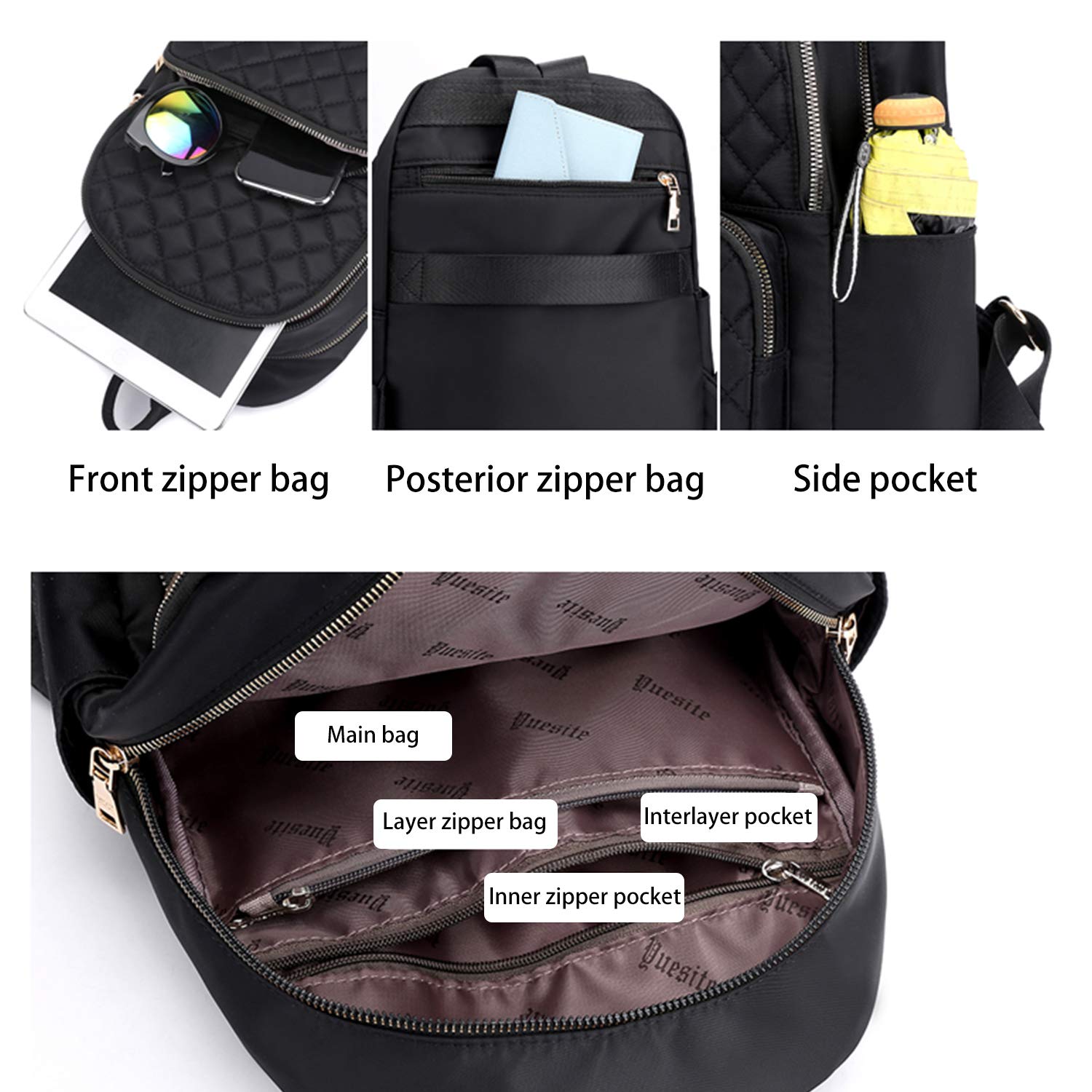 Backpack Ladies Daypack Nylon Waterproof Shoulder Bag Girl Anti-Theft Elegant Backpack (Black)