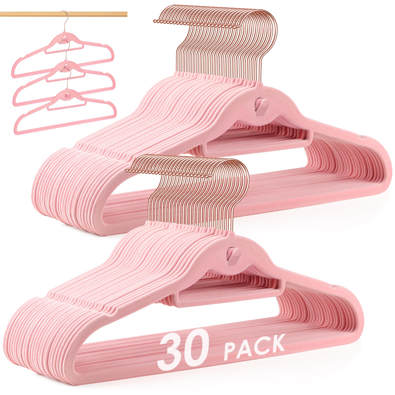 Photo 1 of 30 Pack Velvet Non Slip Hangers, Space Saving Slim Felt Hangers for Coats, Suits, Dresses, Jackets, and Pants, Durable Stackable Closet Organizer (30, Pink)