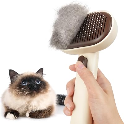 Aumuca Cat Brush with Release Button for Long or Short Haired Cats Brown