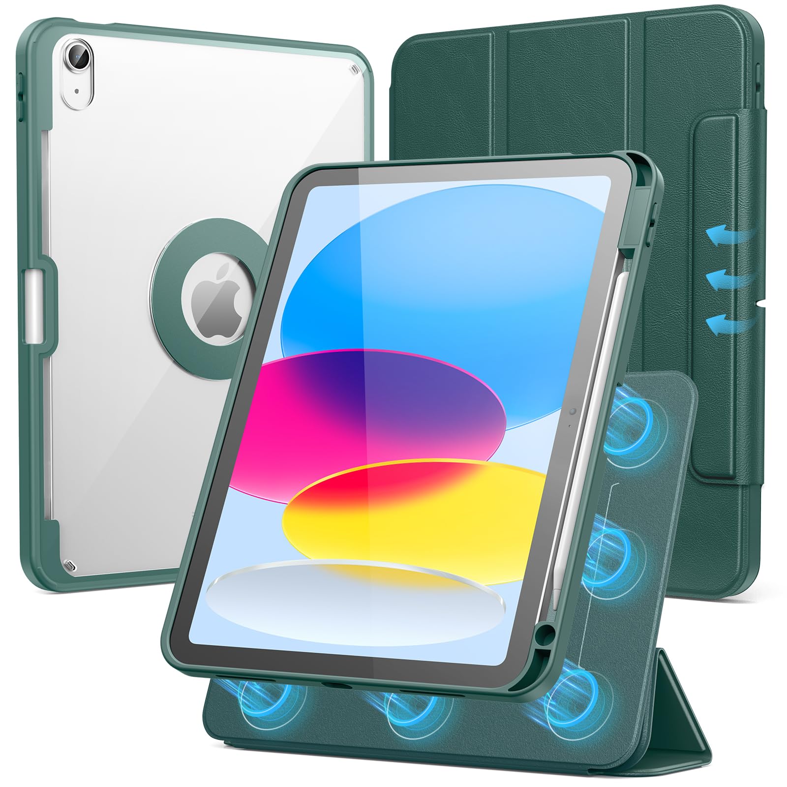 Photo 1 of SPARIN Case for iPad A16 11th/10th Generation 2025/2022 (11"/10.9") with Pencil Holder, Magnetic Detachable Hybrid Stand, Portrait/Landscape Angle, Auto Wake/Sleep-Midnight Green