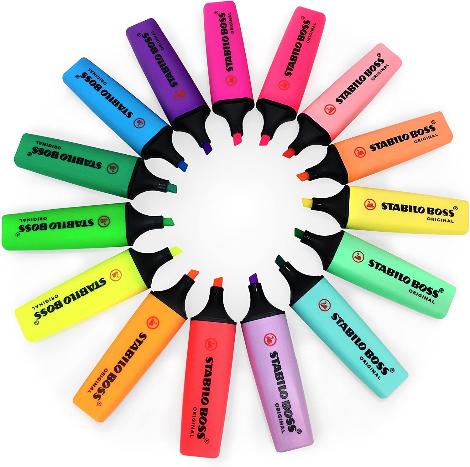 STABILO BOSS Original Fluorescent and Pastel Highlighters Deskset of 15 Assorted Colours,2-5mm