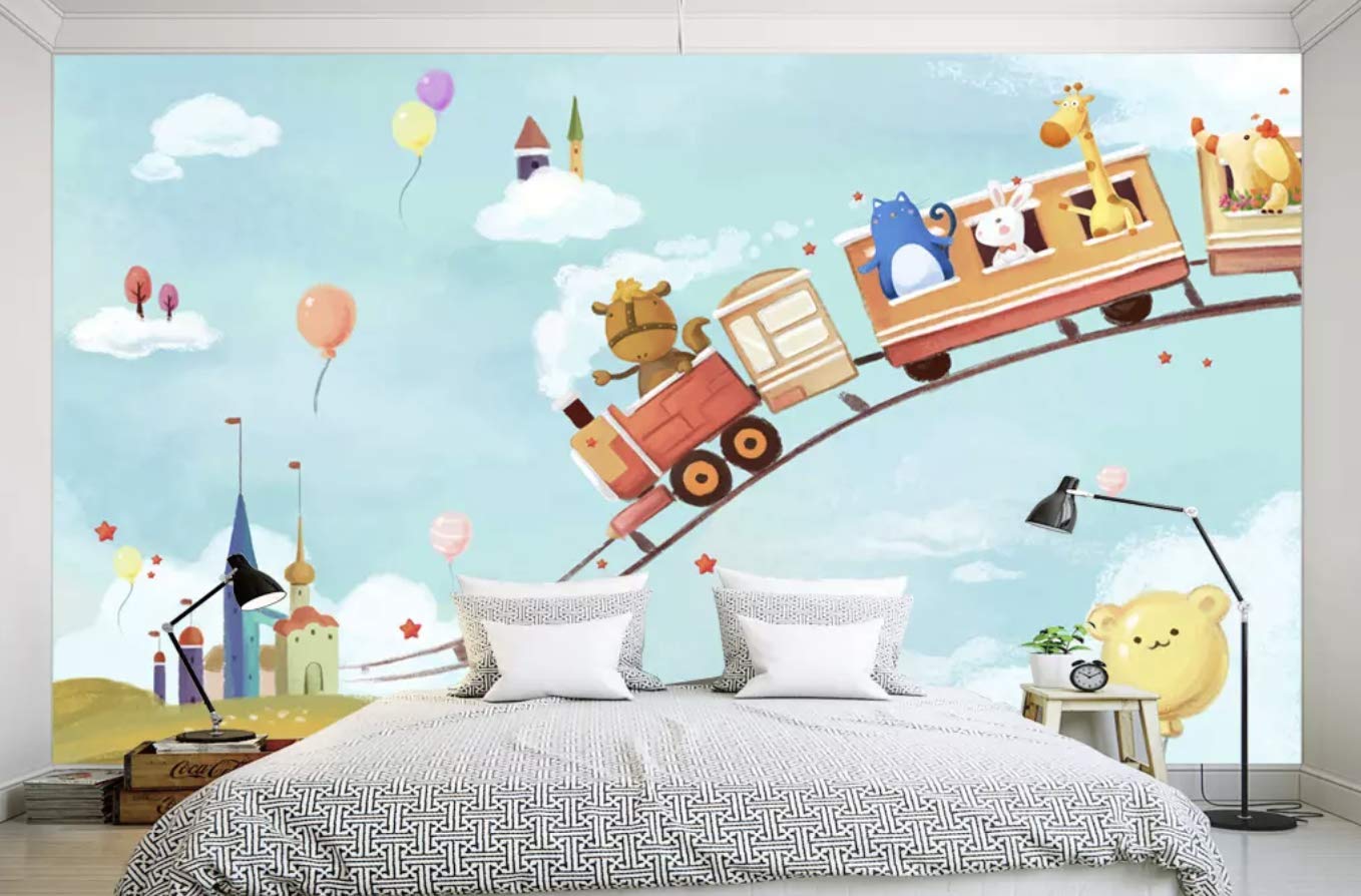 Murwall Kids Wallpaper Cartoon Animal Wall Mural Amusement Park Wall Art Roller Coaster Nursery Wall Decor Childroom Baby Room Play Room