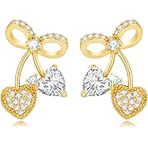 FILMOON Bow and Cherry Earrings Dainty Rhinestone Studs Earring for Women Cute Sparkly Jewelry