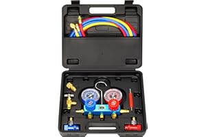 AutoWanderer Tool R1234yf AC Gauges, 3 Way 1234yf AC Manifold Gauge Set Car Air Conditioner Recharge Kit with 5FT Hoses R1234yf Quick Couplers Valve Core Remover