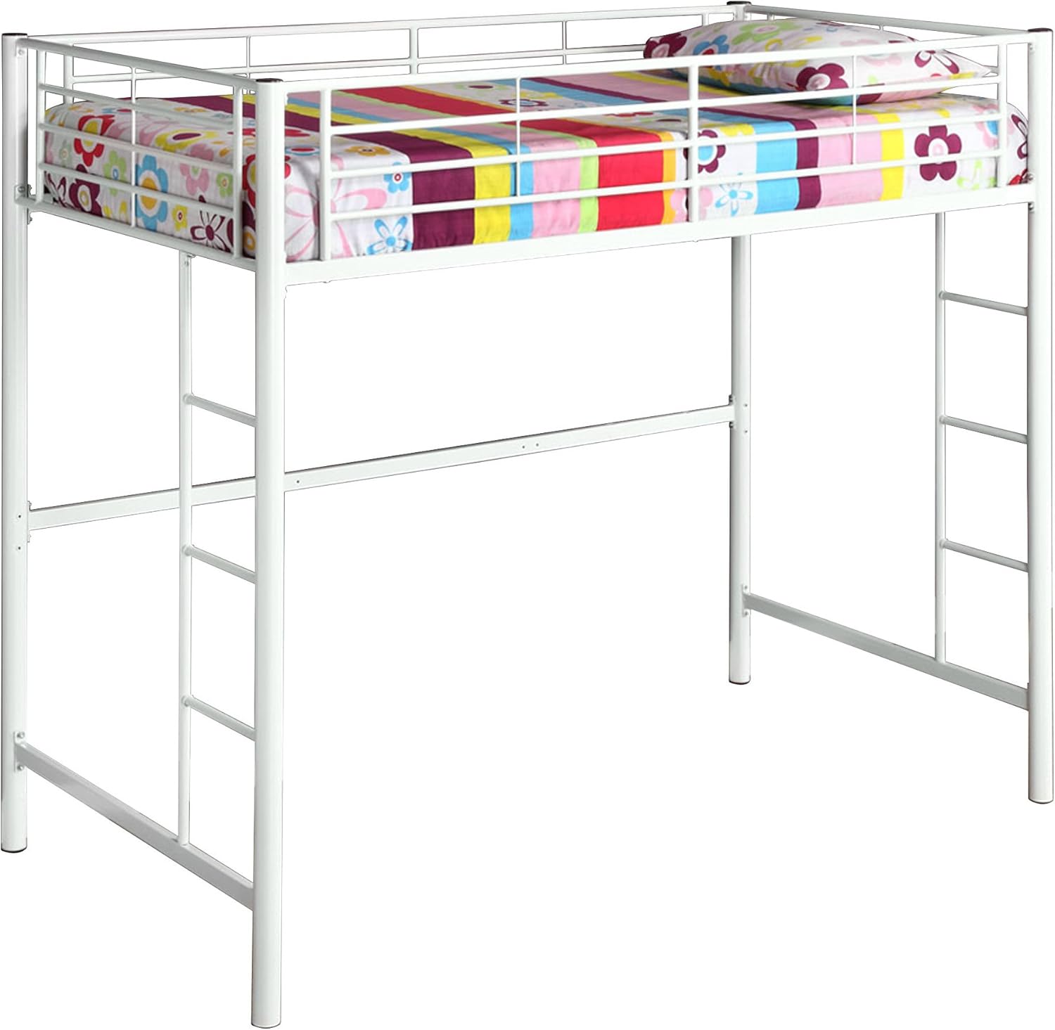 New Twin Over Loft Metal Bunk Bed with Ladder, White Finish