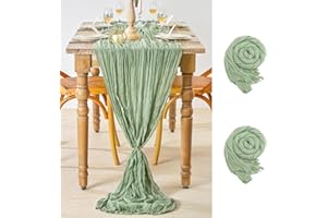 2 Pcs Sage Green Cheesecloth Table Runers 10Ft x 36" Wide Vintage Table Runner for Wedding Cake Table Decor Baby Shower Sheer