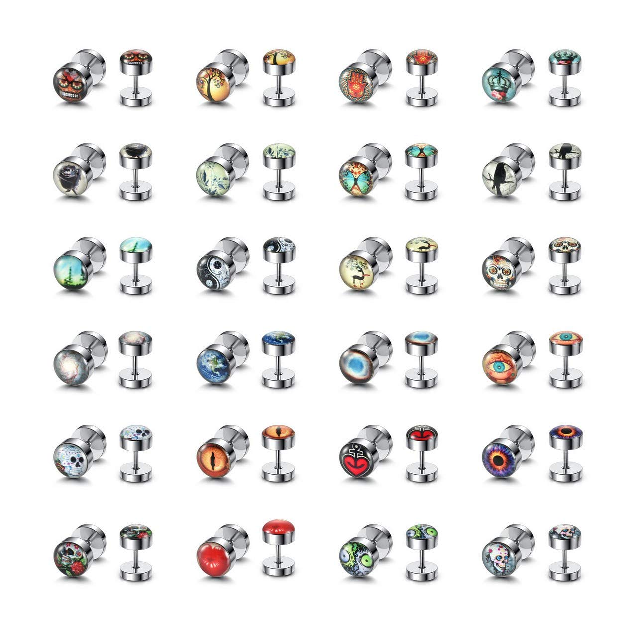 PiercingJak 24 Pairs Fake Gauges Earring Satinless Steel Cheater Fake Ear Plugs Gauges Illusion Tunnel Piercing Stud Screw Earrings